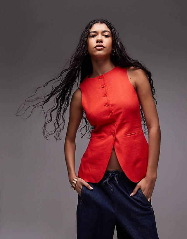 asos Topshop linen longline fitted waistcoat with pockets in red