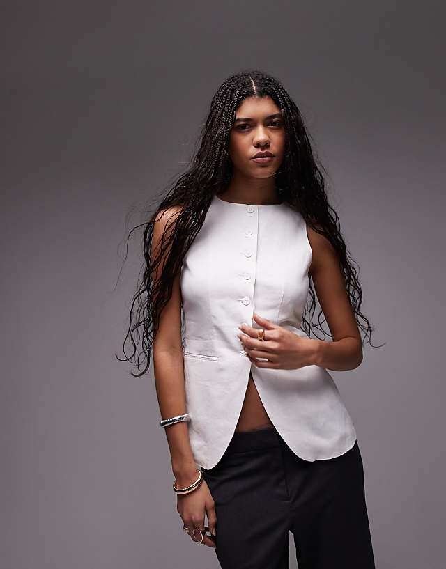 asos Topshop linen longline fitted waistcoat with pockets in white