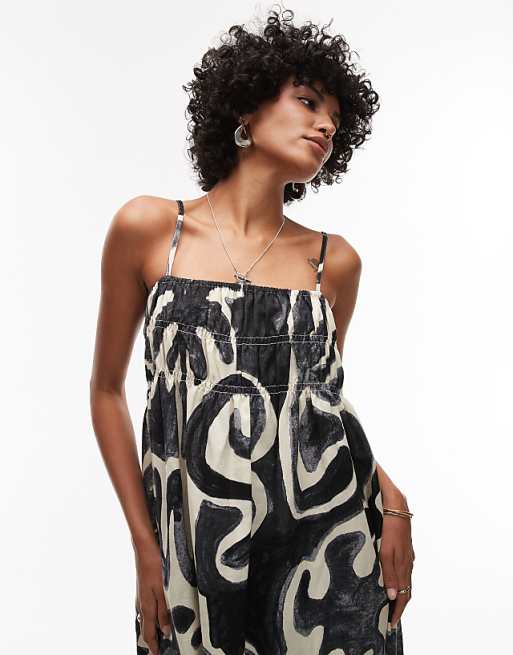 Asos Topshop Linen Look Shirred Bust Chuck On Midi Dress In Black Mono Print