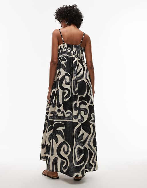 Asos Topshop Linen Look Shirred Bust Chuck On Midi Dress In Black Mono Print