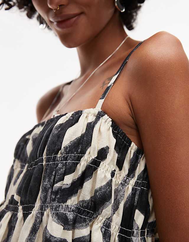 Asos Topshop Linen Look Shirred Bust Chuck On Midi Dress In Black Mono Print