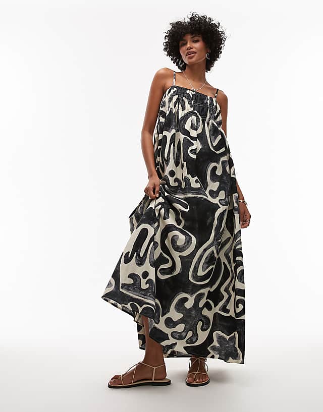 asos Topshop linen look shirred bust chuck on midi dress in black mono print