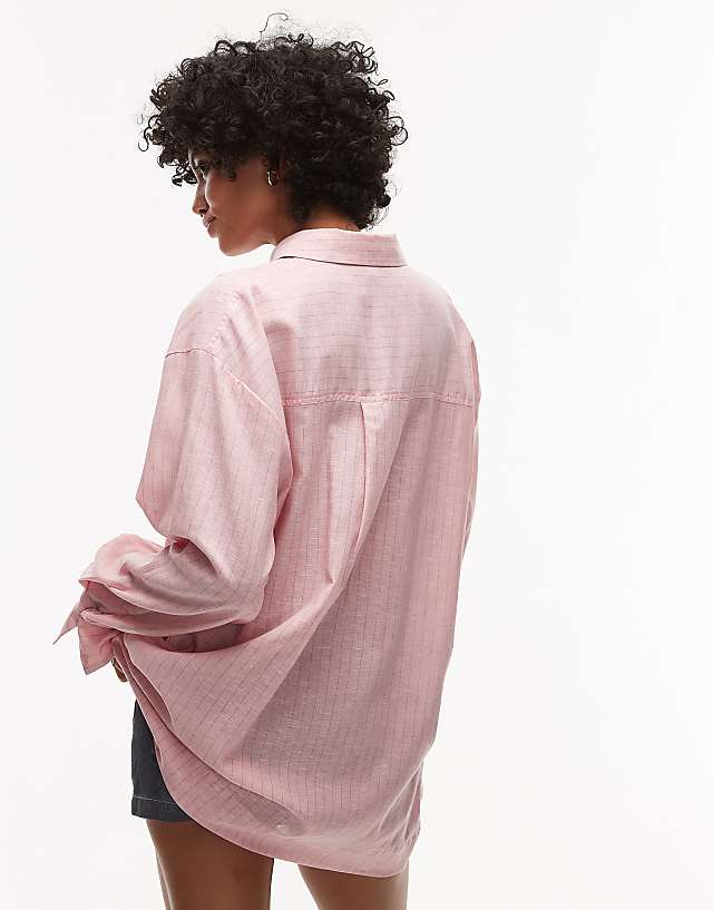 Asos Topshop Linen Look Shirt In Pink With Blue Pinstripe