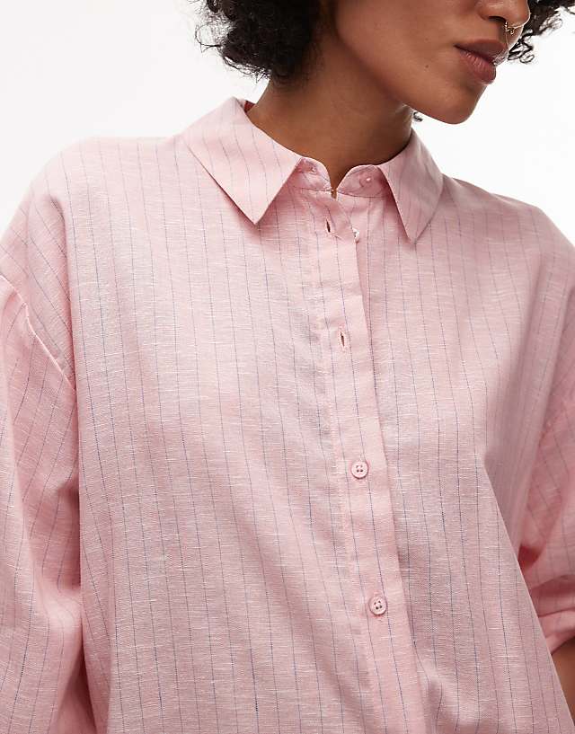Asos Topshop Linen Look Shirt In Pink With Blue Pinstripe
