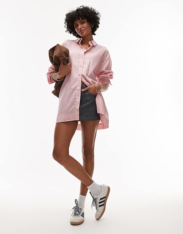 Asos Topshop Linen Look Shirt In Pink With Blue Pinstripe