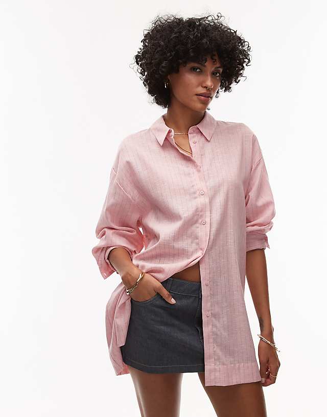 asos Topshop linen look shirt in pink with blue pinstripe
