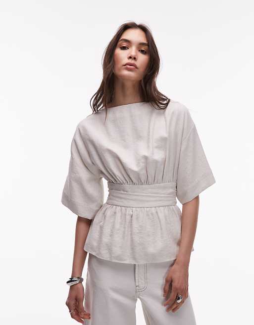 Asos Topshop Linen Low Back Dropped Waist Top In Natural