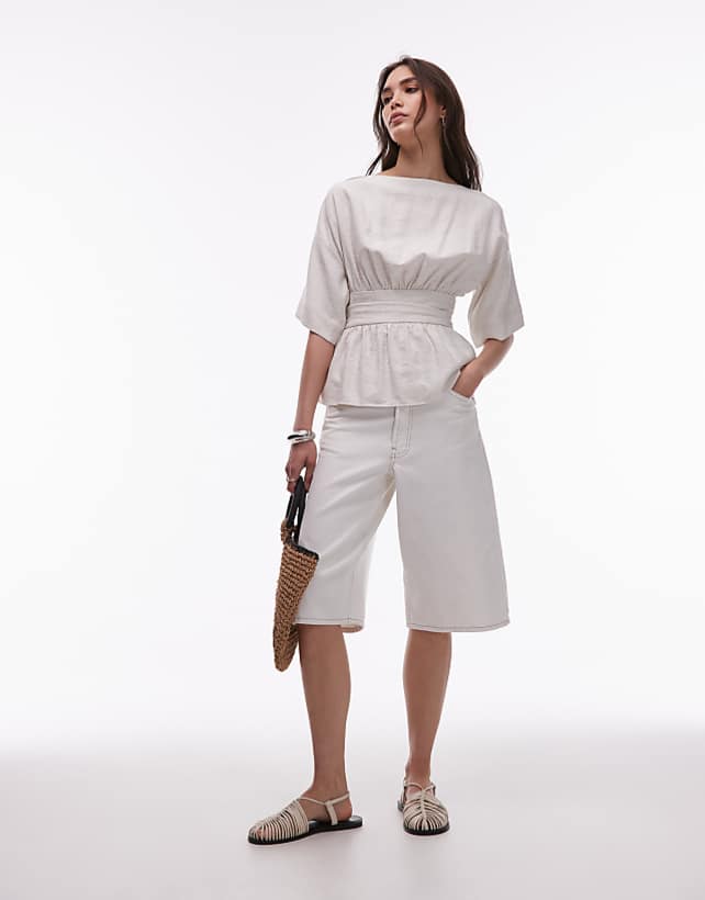 asos Topshop linen low back dropped waist top in natural