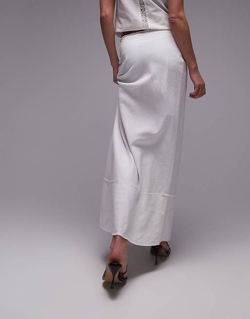 Asos Topshop Linen Raw Edge Trim Bias Maxi Skirt In White