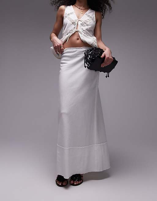 asos Topshop linen raw edge trim bias maxi skirt in white