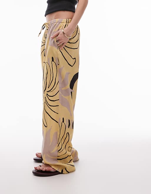 Asos Topshop Linen Straight Leg Buttermilk Abstract Print Trouser In Mono