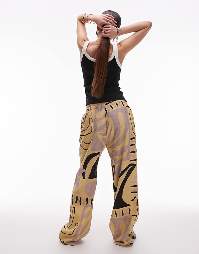 Asos Topshop Linen Straight Leg Buttermilk Abstract Print Trouser In Mono