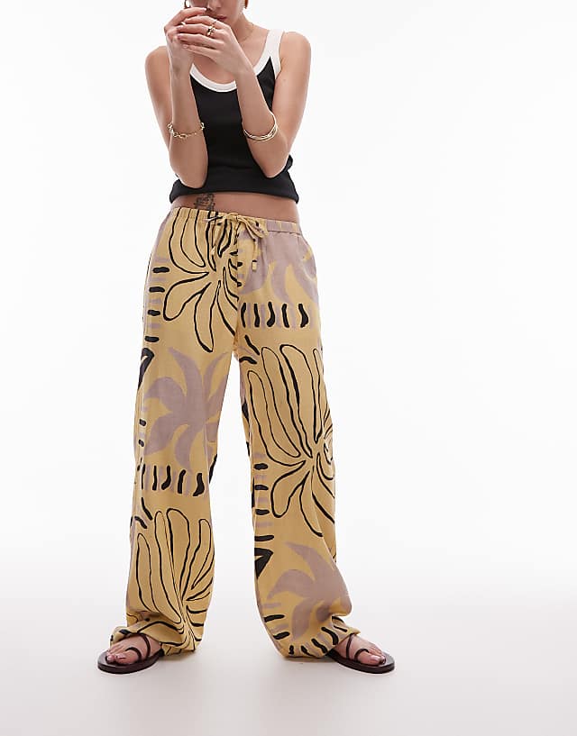 asos Topshop linen straight leg buttermilk abstract print trouser in mono