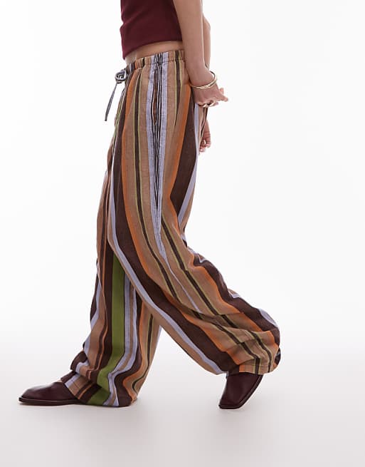 Asos Topshop Linen Straight Leg Trouser In Brown Stripe
