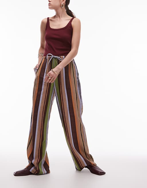 asos Topshop linen straight leg trouser in brown stripe