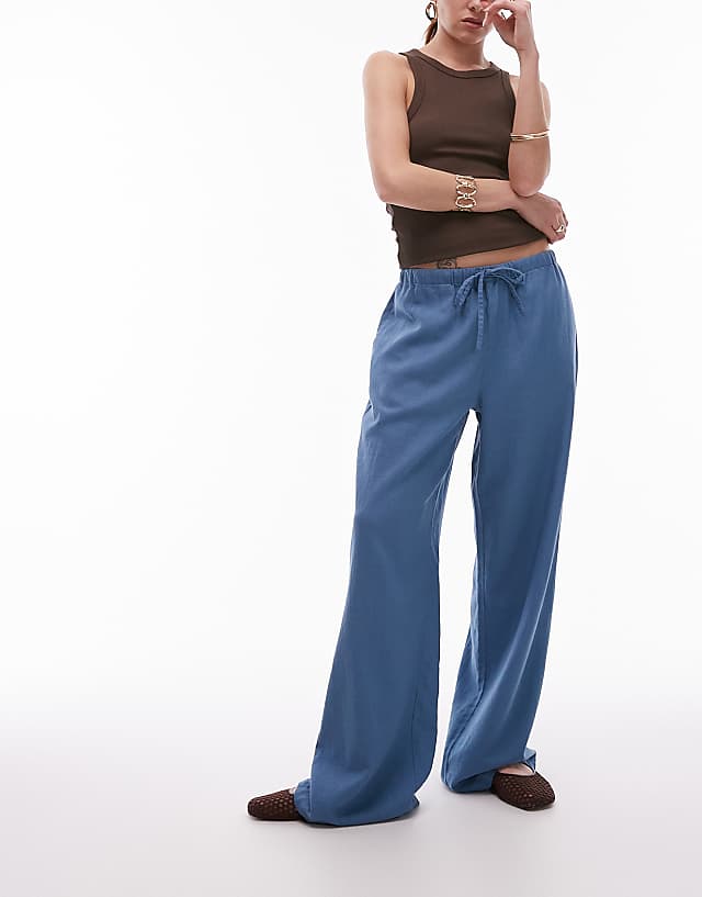 Asos Topshop Linen Straight Leg Trouser In Denim Blue