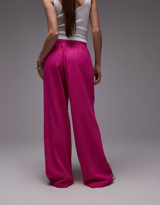 Asos Topshop Linen Straight Leg Trouser In Hot Pink