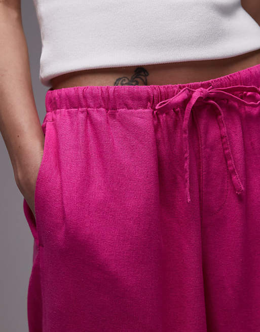Asos Topshop Linen Straight Leg Trouser In Hot Pink