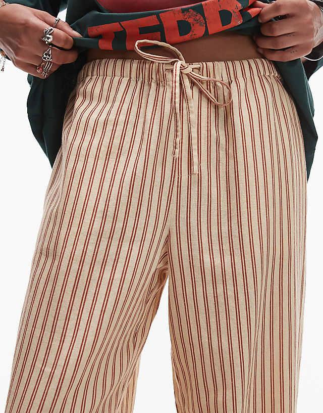 Asos Topshop Linen Straight Leg Trouser In Neutral Stripe