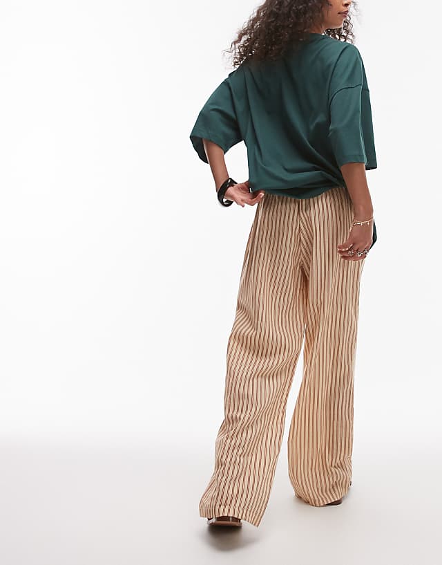Asos Topshop Linen Straight Leg Trouser In Neutral Stripe