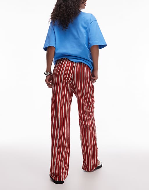 Asos Topshop Linen Straight Trouser In Red And White Stripe
