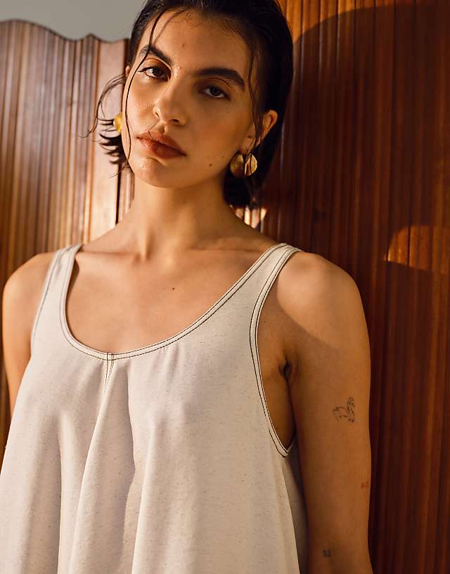Asos Topshop Linen Trapeze Mini Dress With Deep Hem In Natural With Contrast Stitch