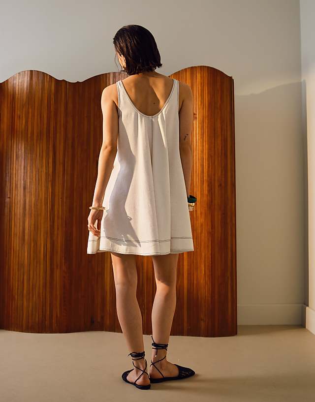Asos Topshop Linen Trapeze Mini Dress With Deep Hem In Natural With Contrast Stitch