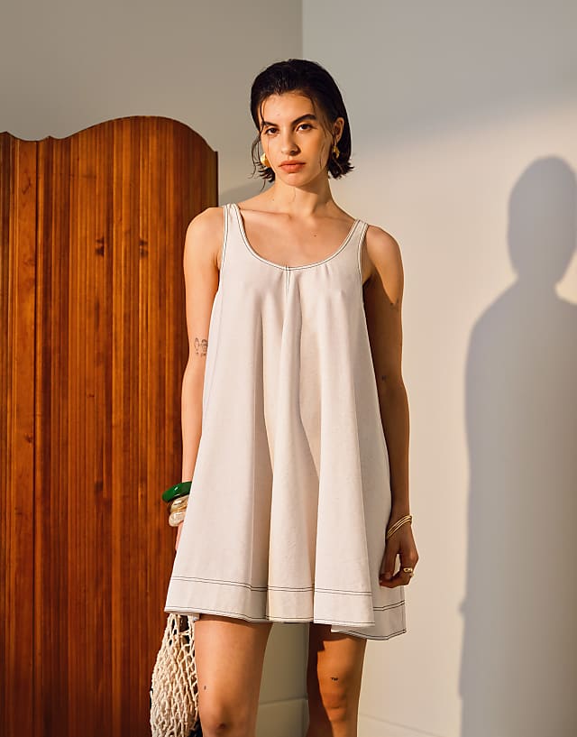 Asos Topshop Linen Trapeze Mini Dress With Deep Hem In Natural With Contrast Stitch
