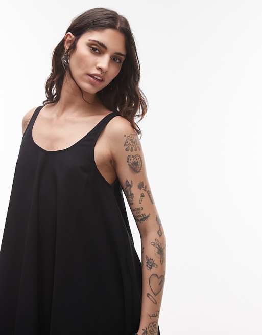 Asos Topshop Linen Trapeze Swing Mini Dress In Black