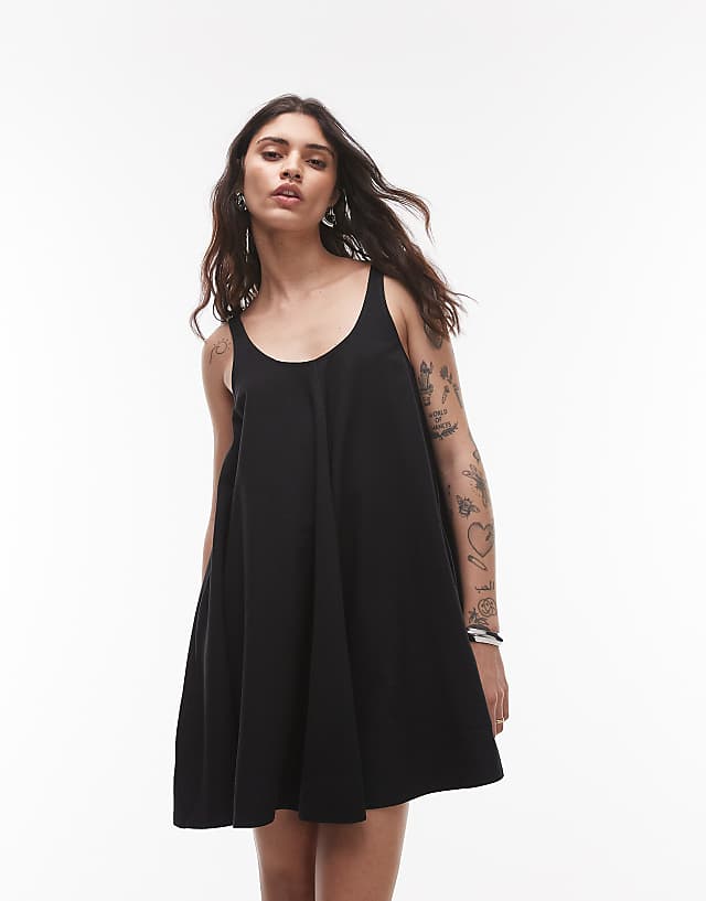 Asos Topshop Linen Trapeze Swing Mini Dress In Black