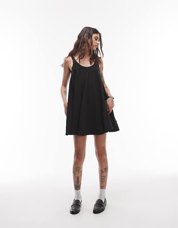 asos Topshop linen trapeze swing mini dress in black