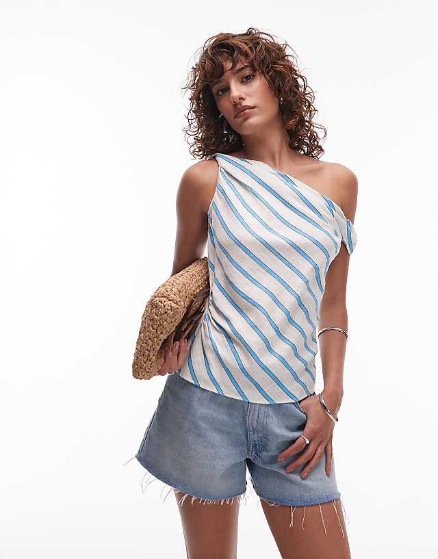 asos Topshop linen twist shoulder top in blue and white stripe