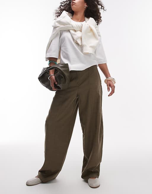 asos Topshop mid rise balloon leg clean waistband tapered trouser in khaki