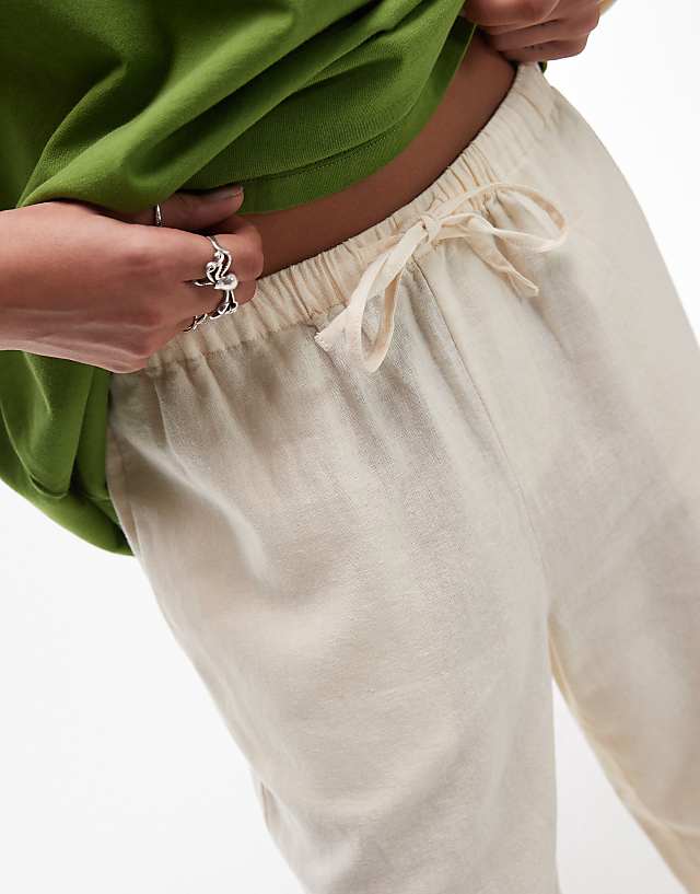Asos Topshop Mid Rise Linen Awkward Length Trouser In Buttermilk