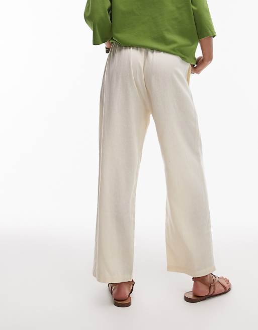 Asos Topshop Mid Rise Linen Awkward Length Trouser In Buttermilk