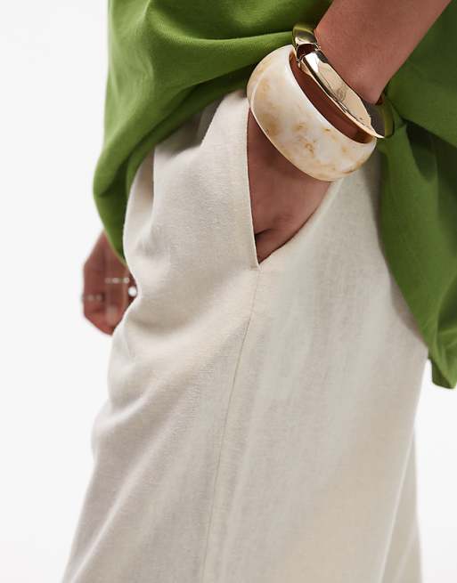 Asos Topshop Mid Rise Linen Awkward Length Trouser In Buttermilk