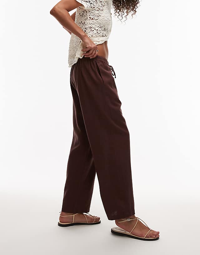 Asos Topshop Mid Rise Linen Awkward Length Trouser In Chocolate