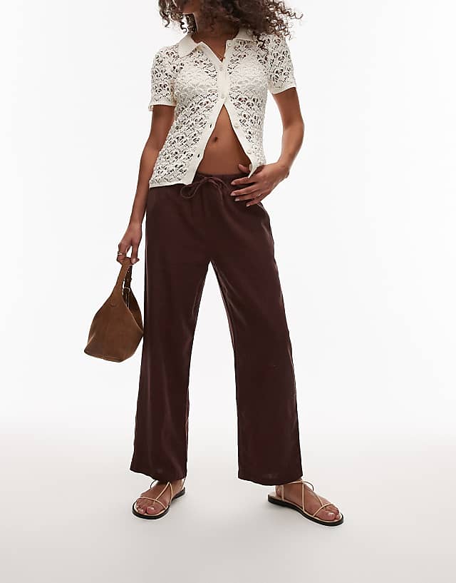 asos Topshop mid rise linen awkward length trouser in chocolate