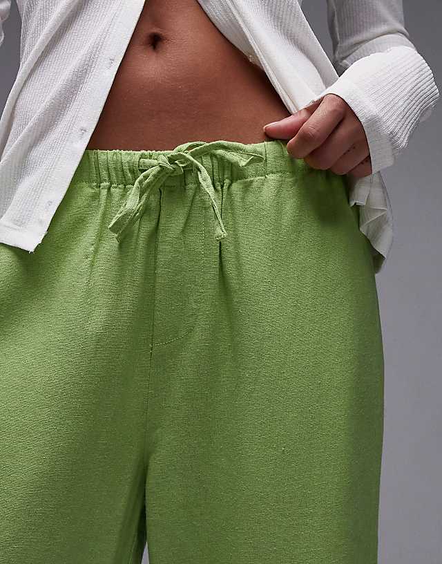 Asos Topshop Mid Rise Linen Awkward Length Trouser In Green