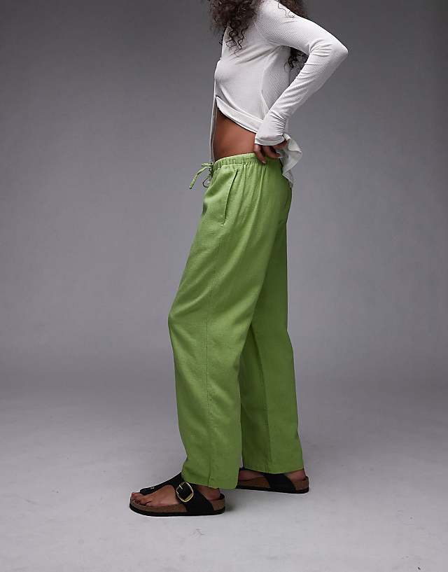 Asos Topshop Mid Rise Linen Awkward Length Trouser In Green