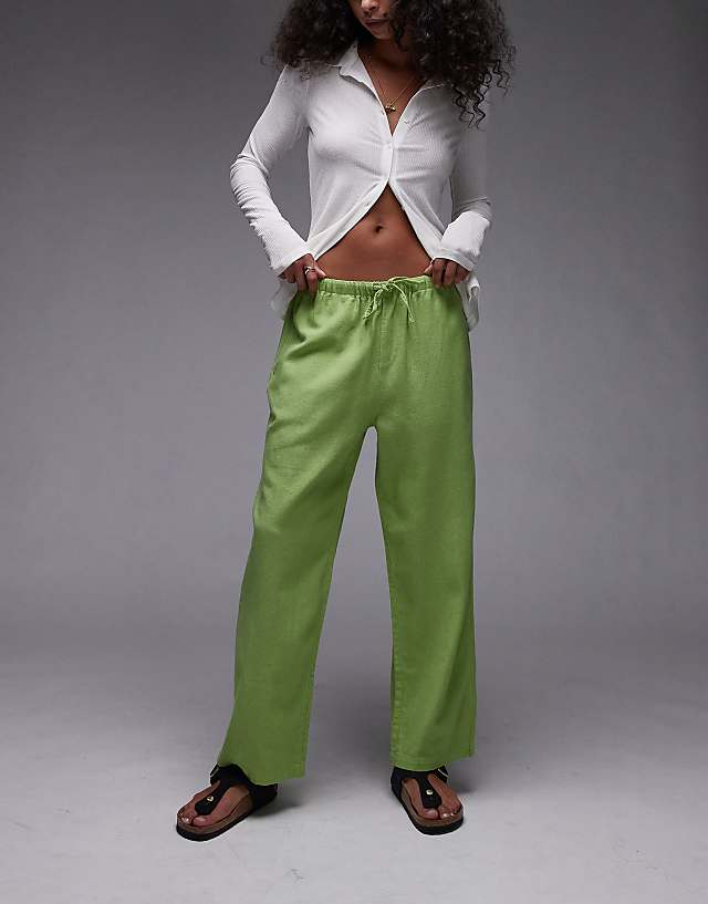 asos Topshop mid rise linen awkward length trouser in green