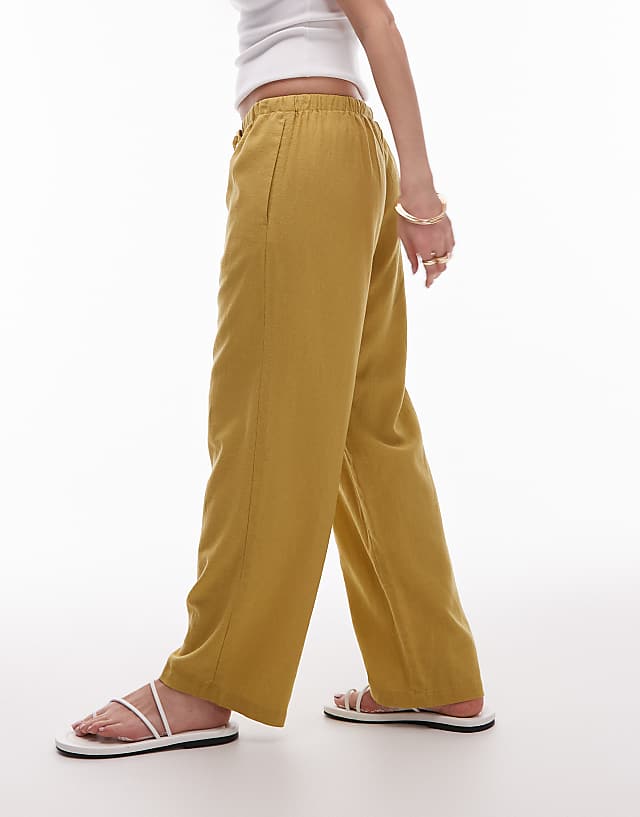 Asos Topshop Mid Rise Linen Awkward Length Trouser In Lime Green