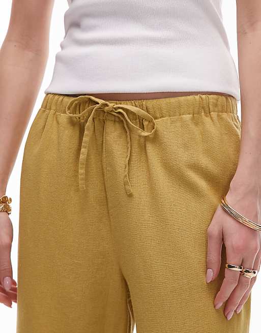 Asos Topshop Mid Rise Linen Awkward Length Trouser In Lime Green