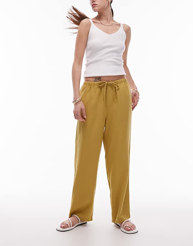 asos Topshop mid rise linen awkward length trouser in lime green