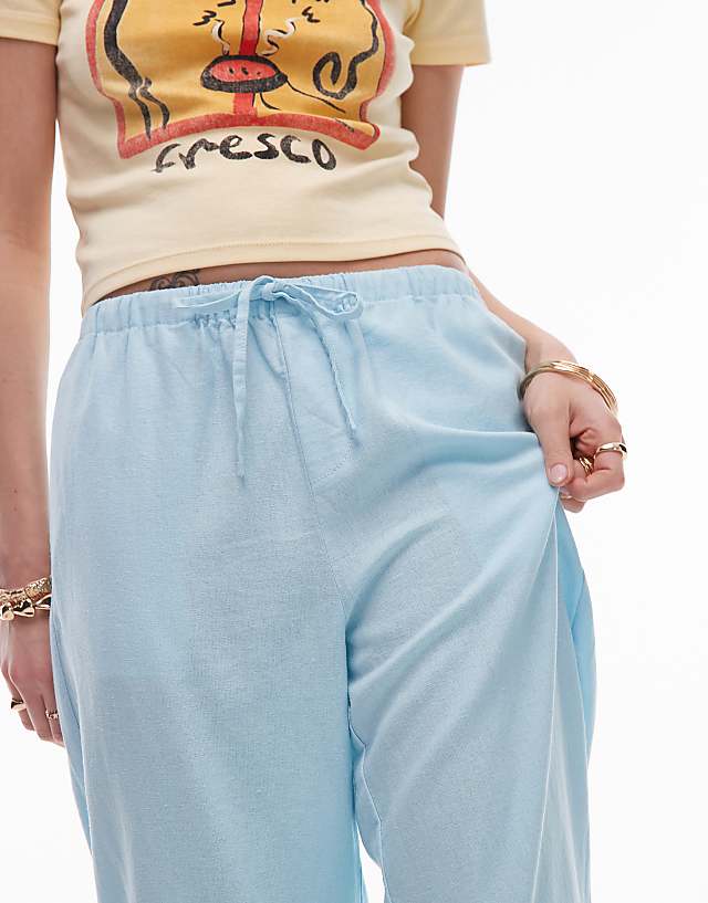 Asos Topshop Mid Rise Linen Awkward Length Trouser In Powder Blue