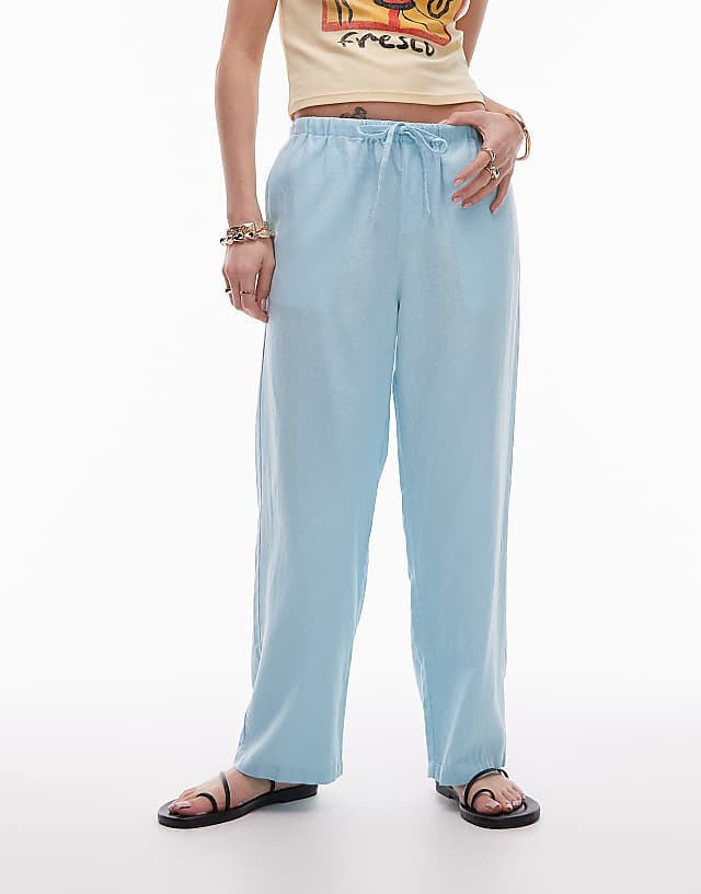 Asos Topshop Mid Rise Linen Awkward Length Trouser In Powder Blue