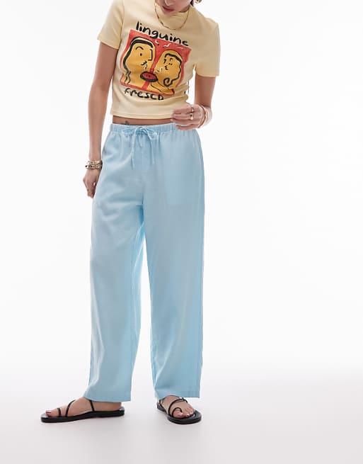 asos Topshop mid rise linen awkward length trouser in powder blue