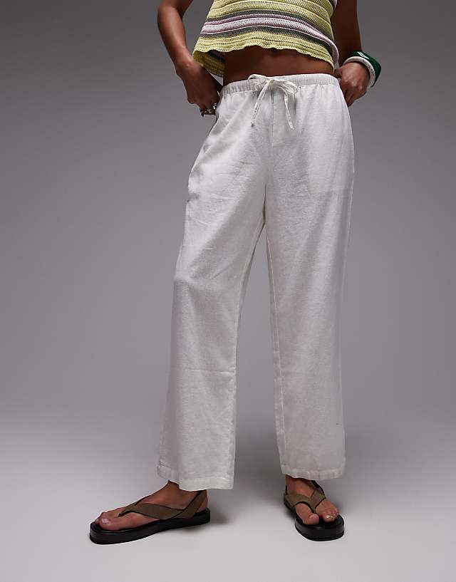 asos Topshop mid rise linen awkward length trouser in white