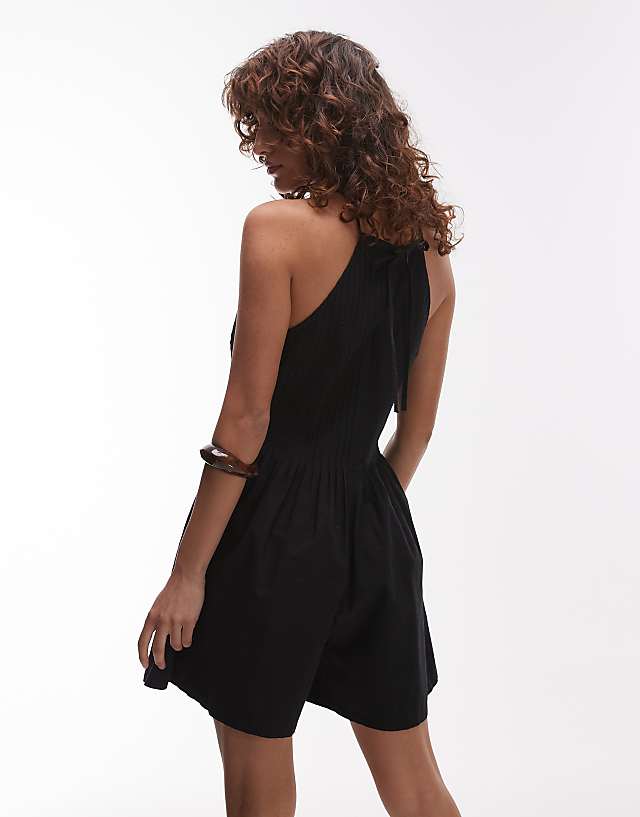 Asos Topshop Pintucked Halterneck Playsuit In Black