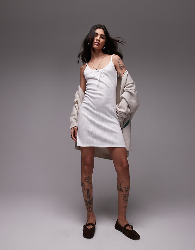 Asos Topshop Pointelle Tie Front Mini Dress In White